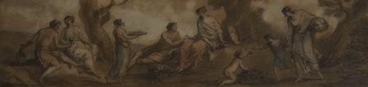 Attributed to Giovanni Battista Cipriani RA (Italian, 1727-1785), ink and wash on buff paper, Classical figures in a landscape, unsigned, inscribed to the mount, 8.5 x 33.5cm. Condition - faded